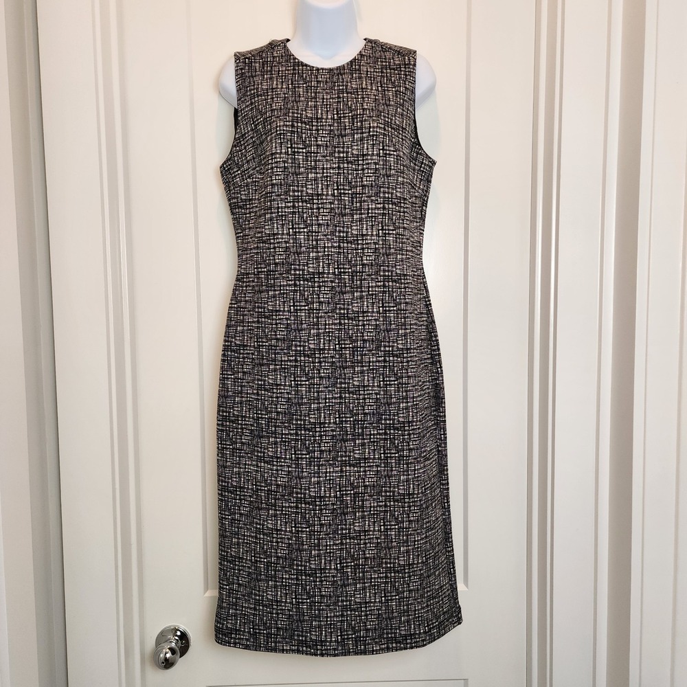 J McLaughlin Dress Women‎ M Black White Tweed Print Catalina Cloth Sheath Career
